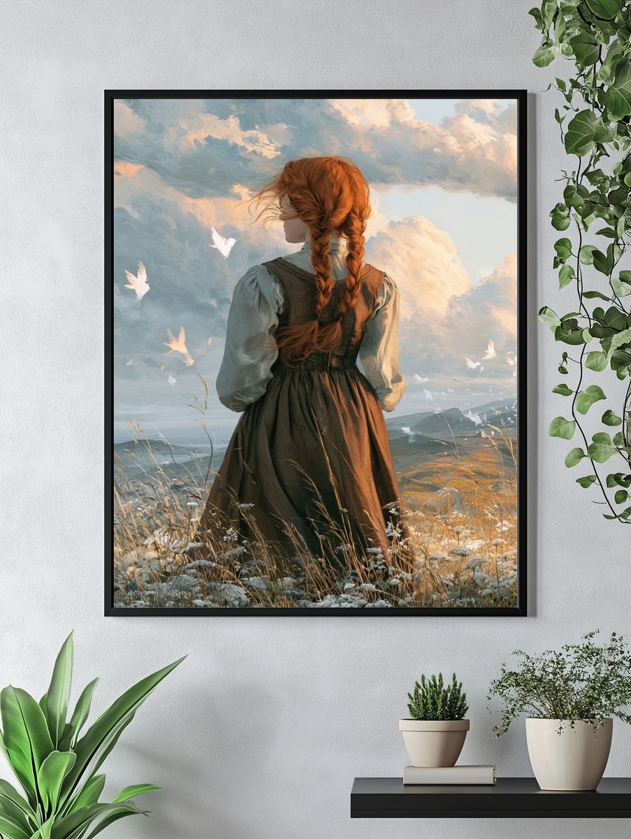 Red-Haired Girl in Clouds Illustration Poster. — room view 4