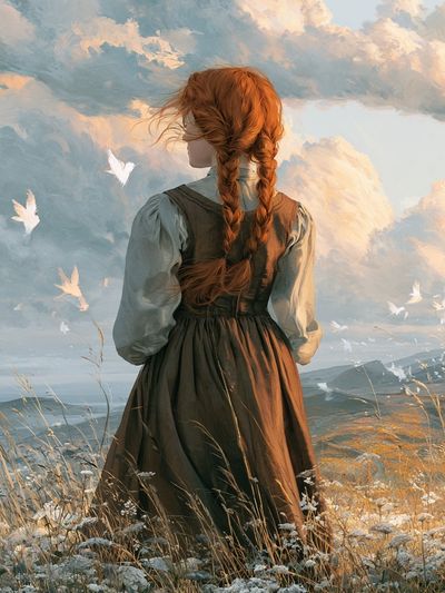 Red-Haired Girl in Clouds Illustration Poster.