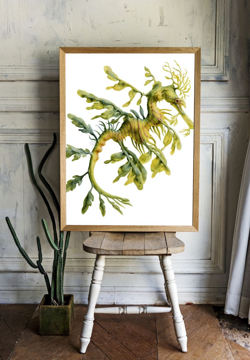 Leafy Seahorse Watercolor Print. room preview