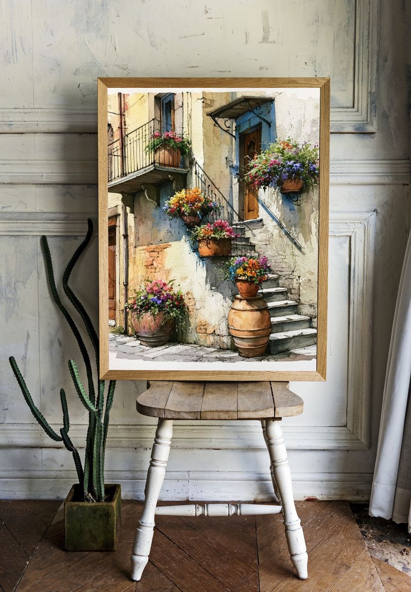 Italian Courtyard Flowers Watercolor Poster. — room view 1
