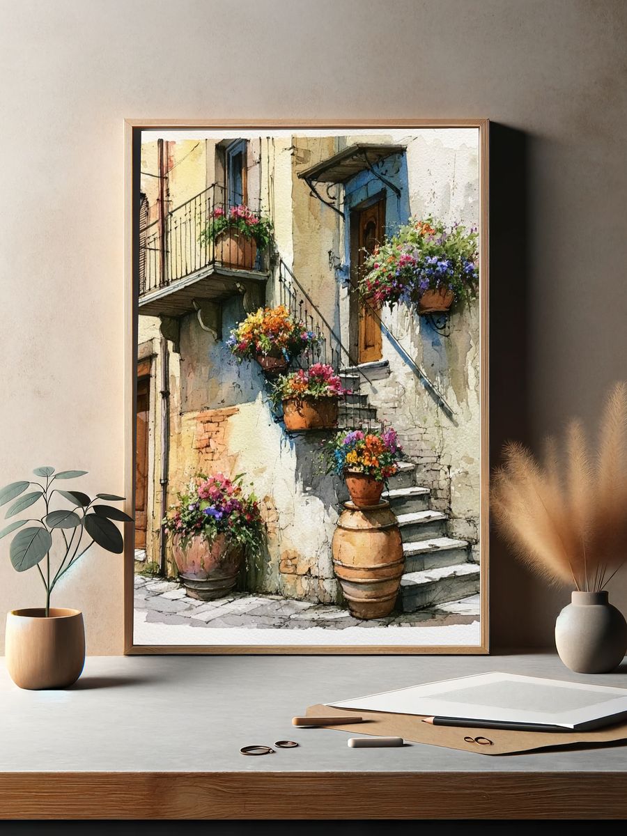 Italian Courtyard Flowers Watercolor Poster. — room view 2