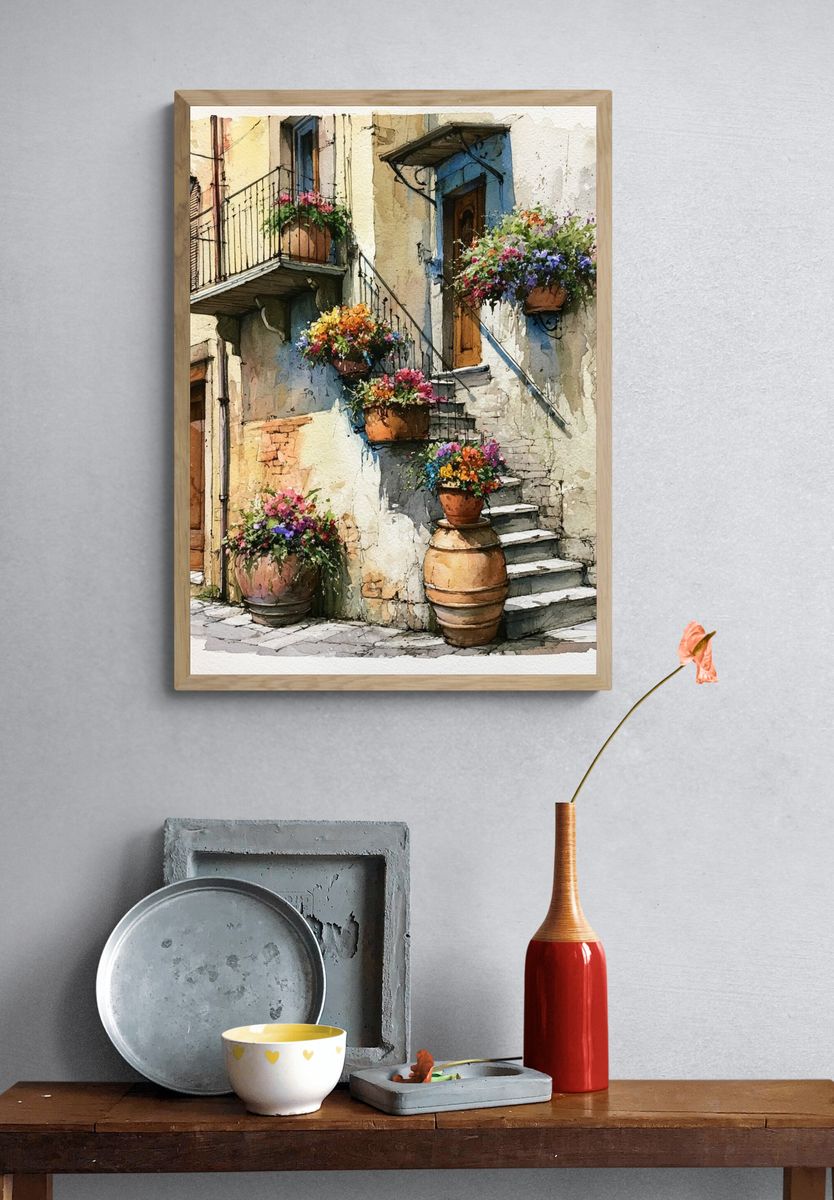 Italian Courtyard Flowers Watercolor Poster. — room view 3