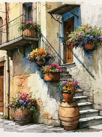 Italian Courtyard Flowers Watercolor Poster.