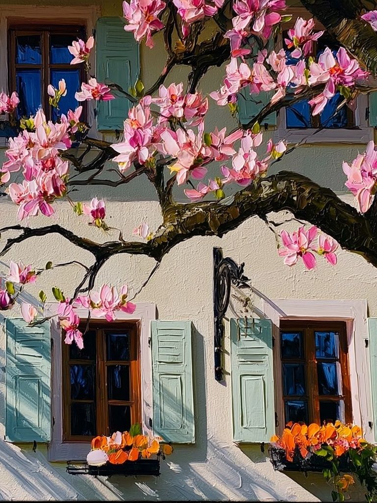 Blooming Cottage Facade Illustration Poster. poster detail