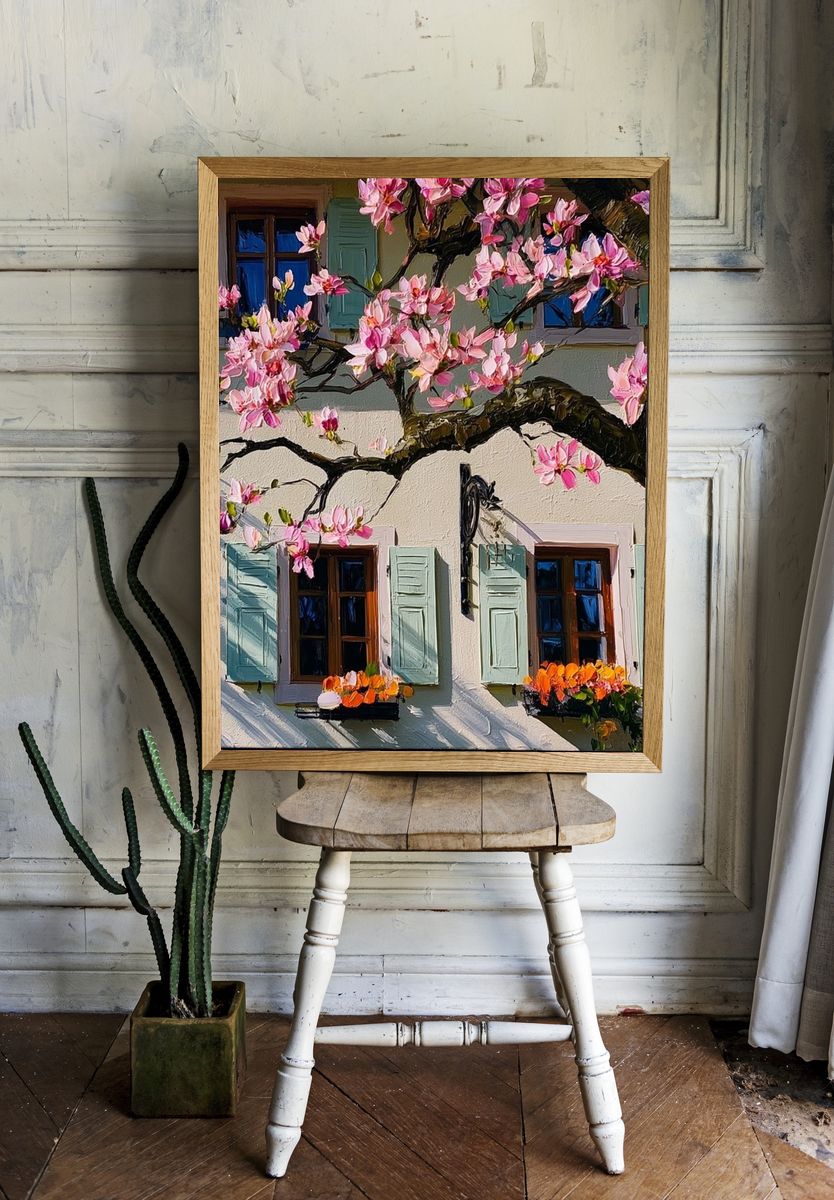 Blooming Cottage Facade Illustration Poster. room preview