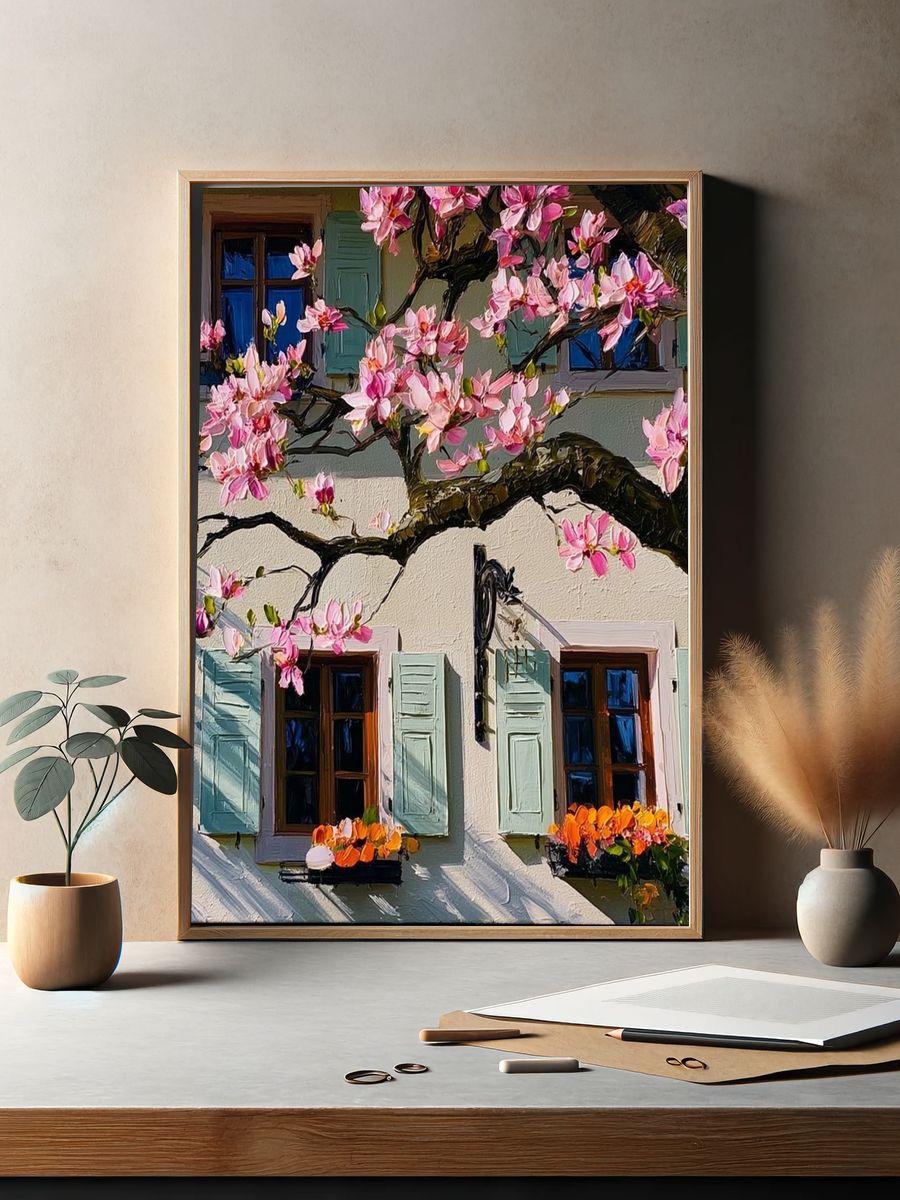 Blooming Cottage Facade Illustration Poster. — room view 2