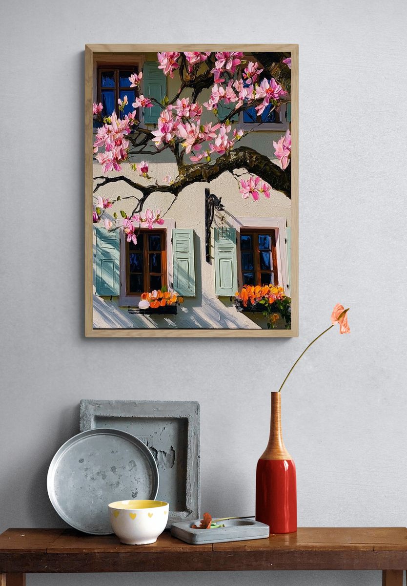 Blooming Cottage Facade Illustration Poster. — room view 3