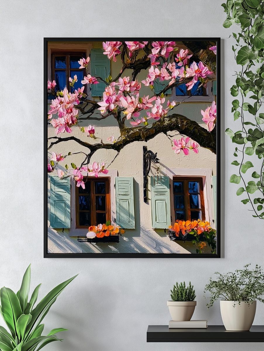Blooming Cottage Facade Illustration Poster. — room view 4