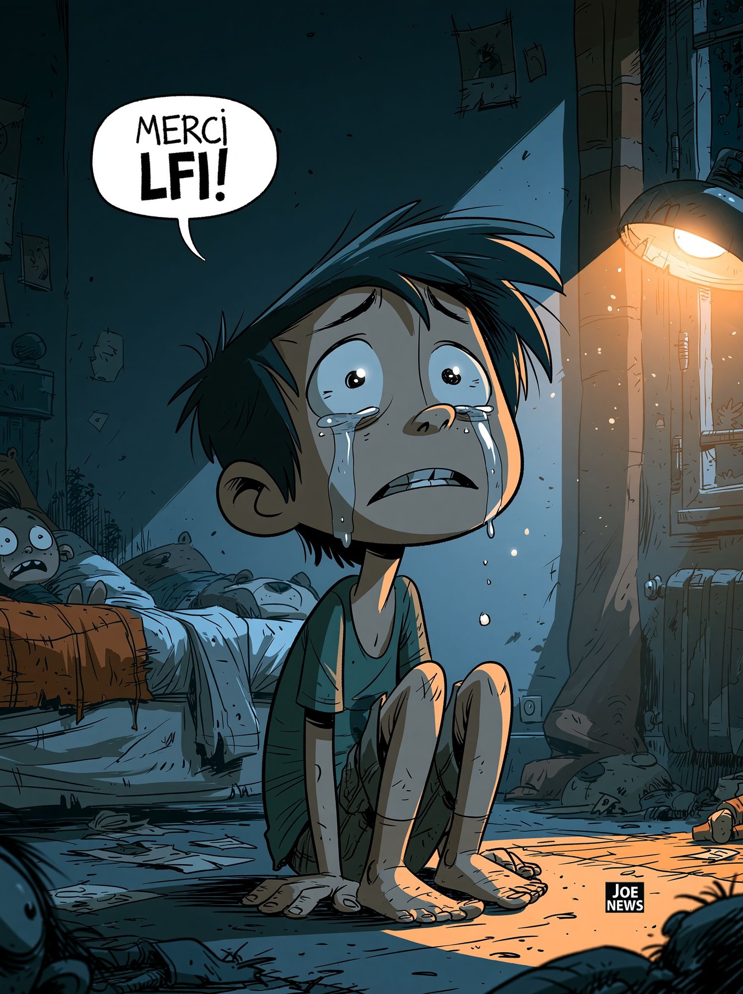 Crying Boy in Dark Room Illustration Poster. poster — illustration art