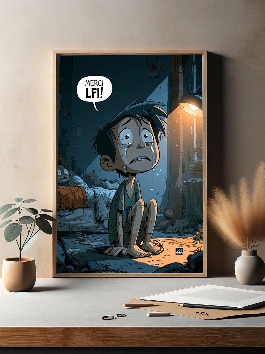 Crying Boy in Dark Room Illustration Poster. — room view 2