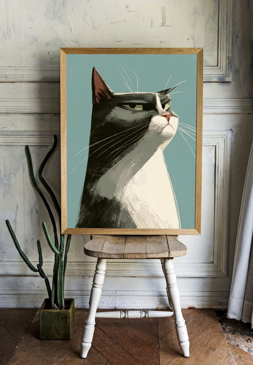 Tuxedo Cat Portrait Illustration Poster. room preview