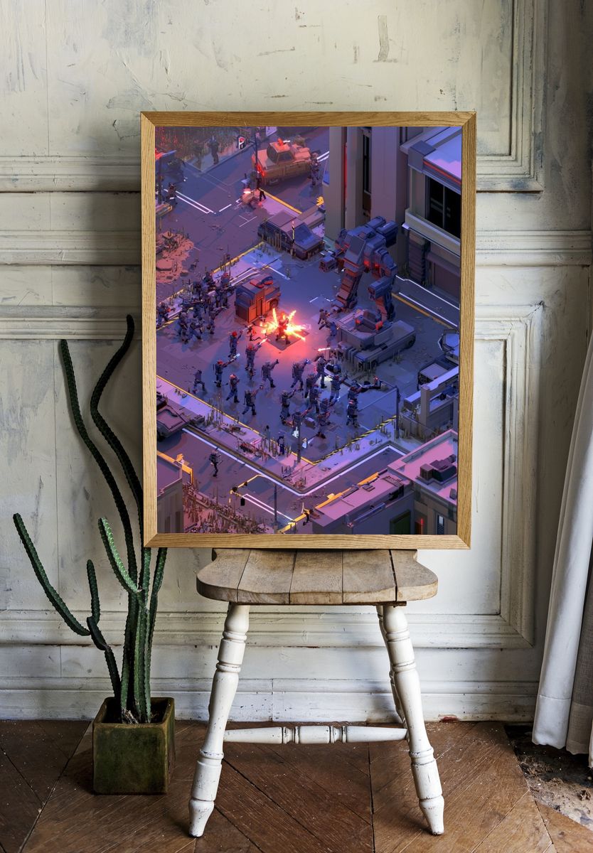 Cyberpunk Battle Cityscape Poster. — room view 1