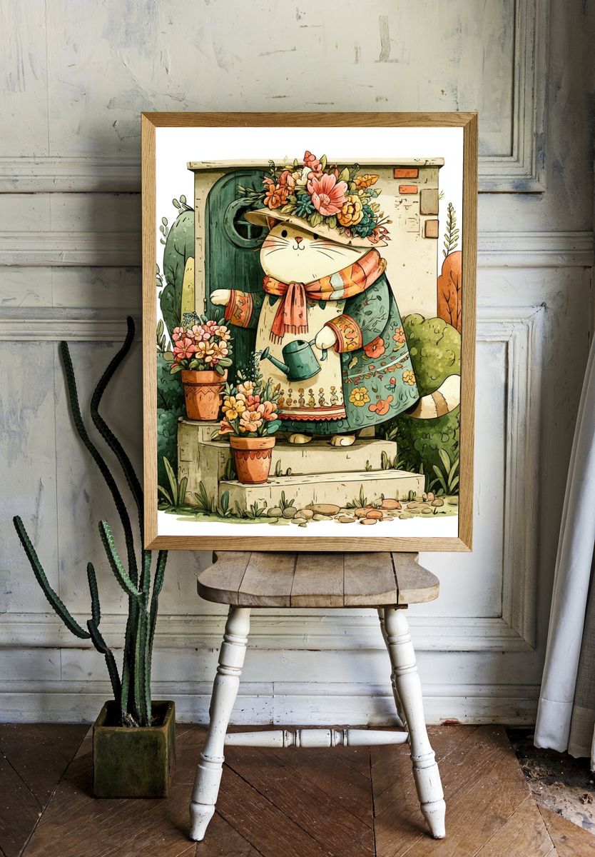 Garden Cat Illustration Poster. room preview