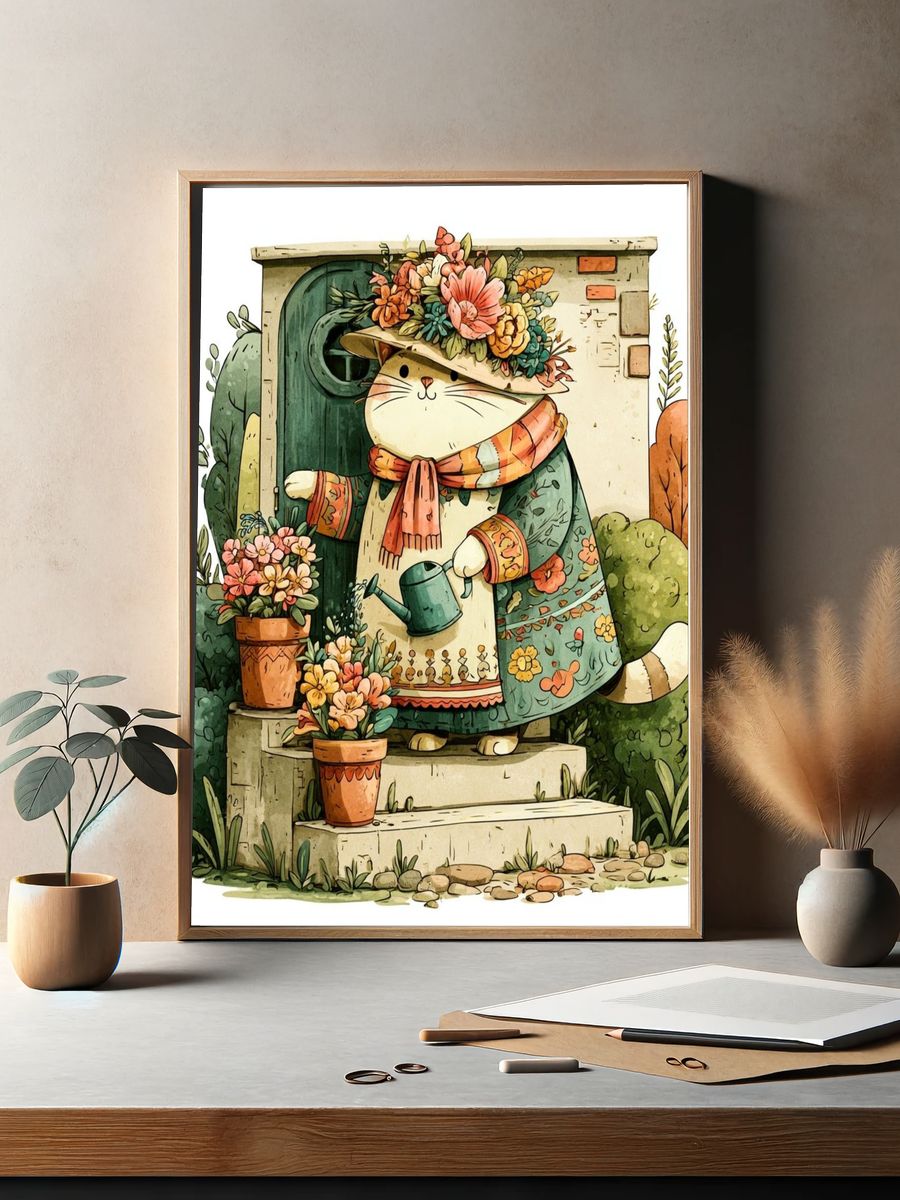 Garden Cat Illustration Poster. — room view 2