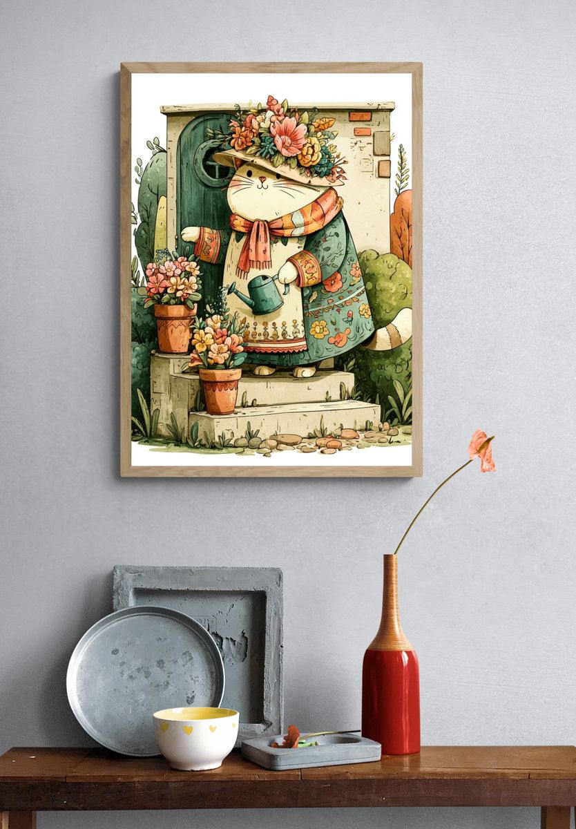 Garden Cat Illustration Poster. — room view 3
