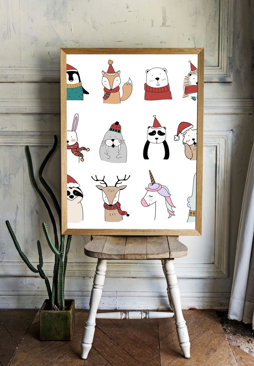 Hand drawn animals enjoying Christmas. — room view 1