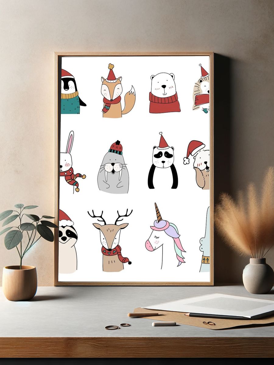 Hand drawn animals enjoying Christmas. — room view 2