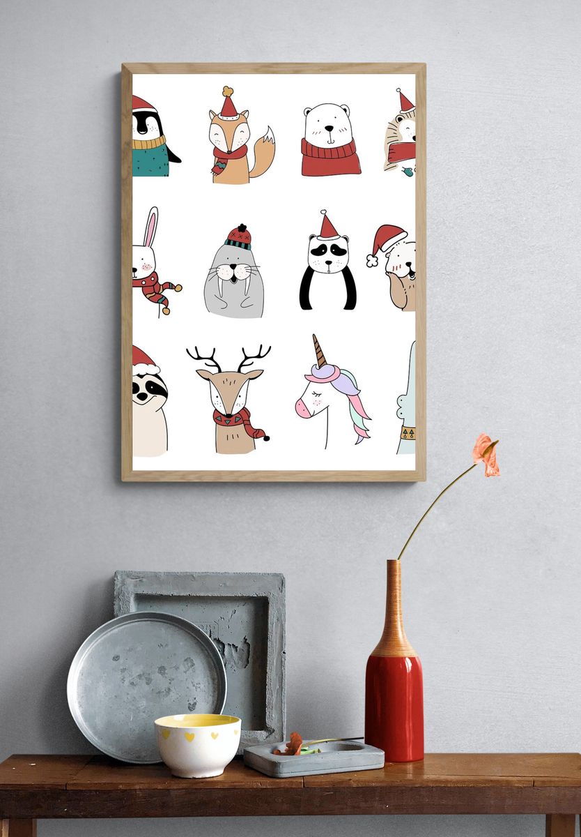 Hand drawn animals enjoying Christmas. — room view 3