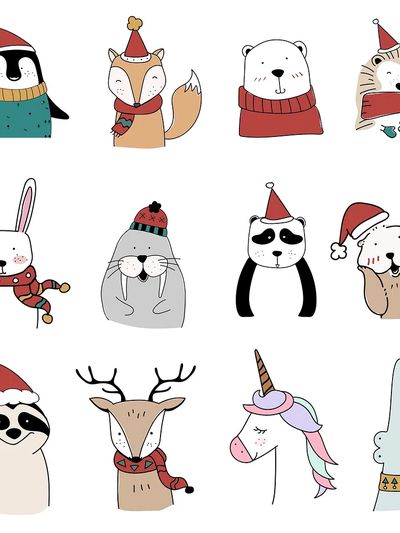Hand drawn animals enjoying Christmas. poster print