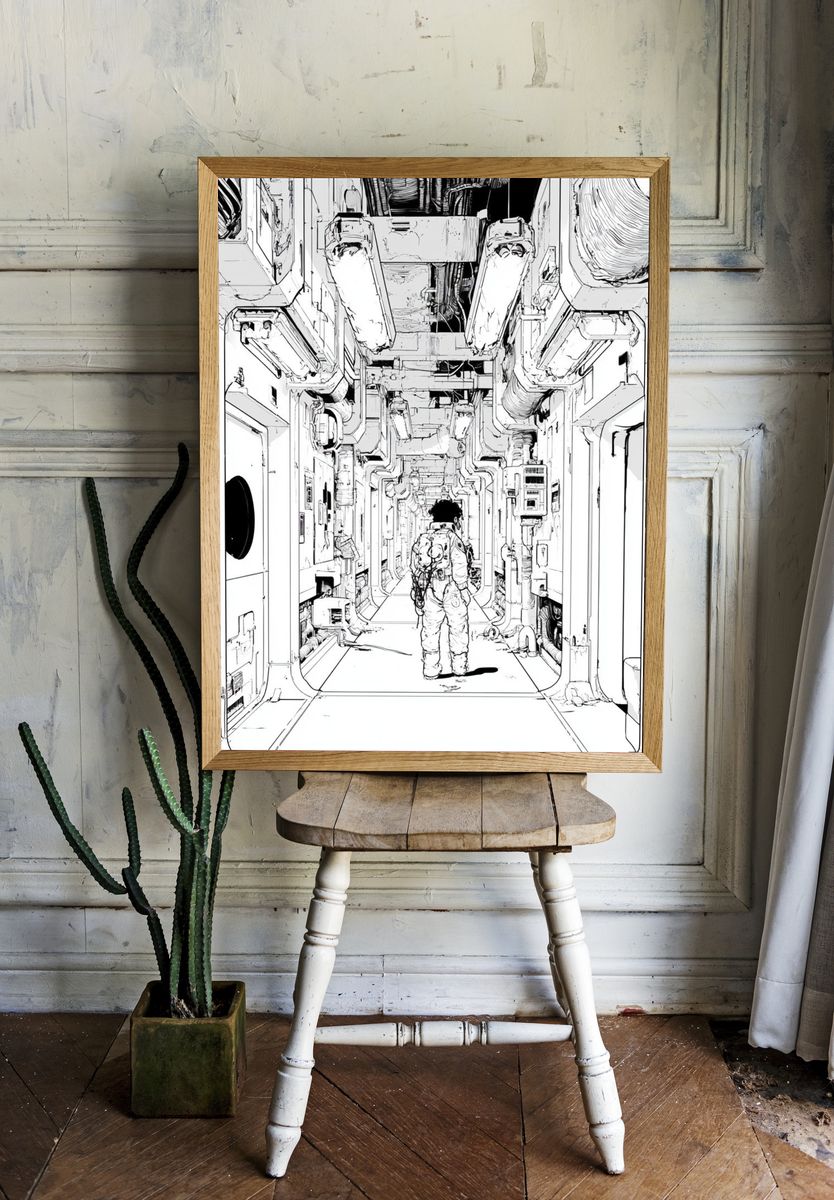 Astronaut Corridor Illustration Print. room preview