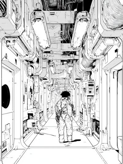 Astronaut Corridor Illustration Print. poster