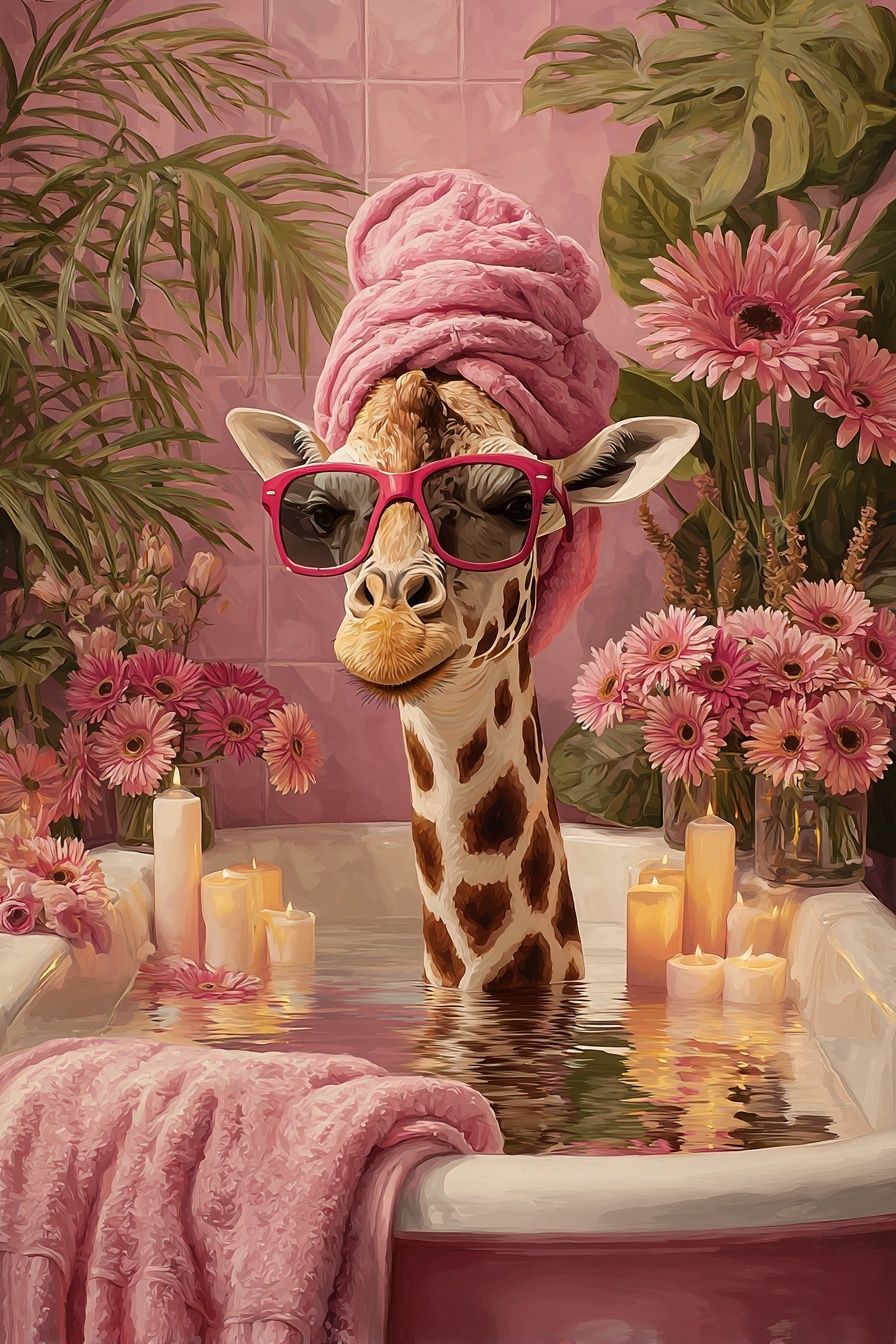 Pink Giraffe Bath Illustration Poster. poster detail