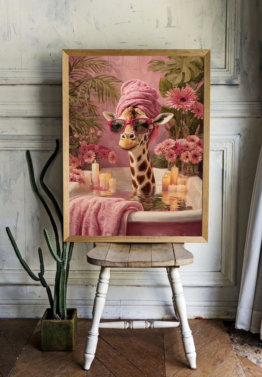 Pink Giraffe Bath Illustration Poster. room preview