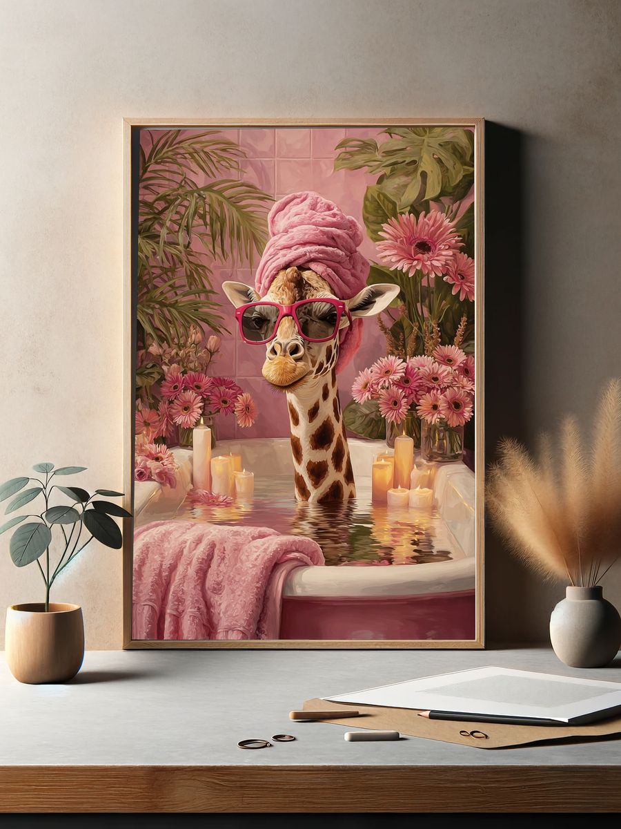Pink Giraffe Bath Illustration Poster. — room view 2