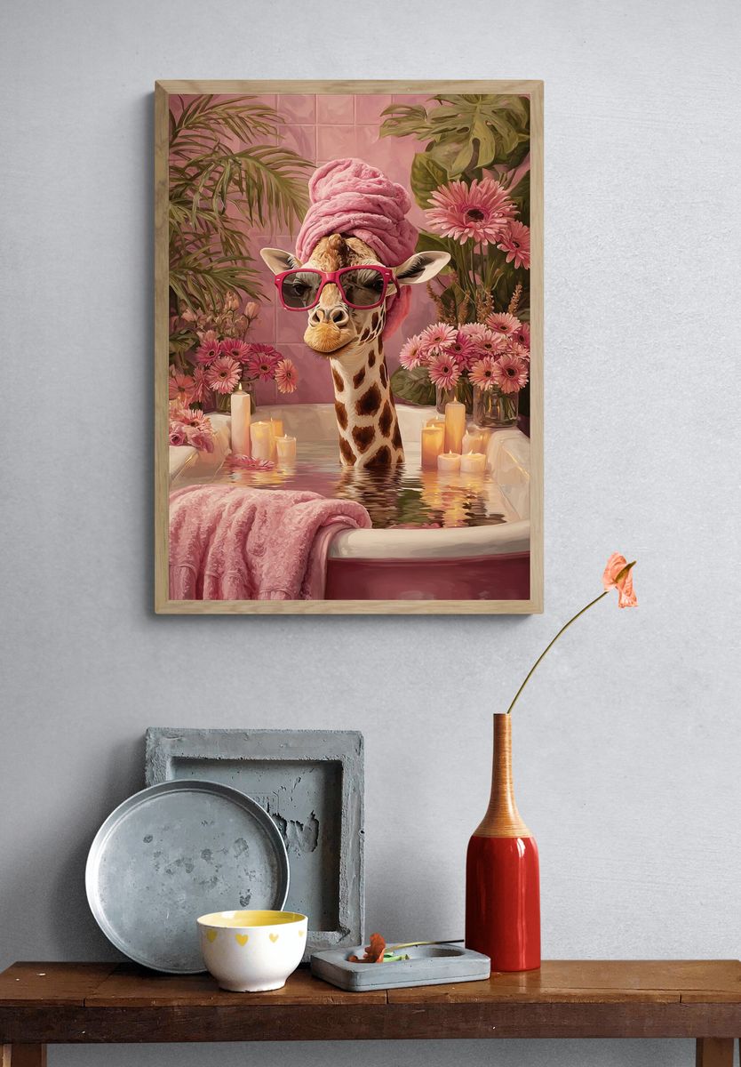 Pink Giraffe Bath Illustration Poster. — room view 3