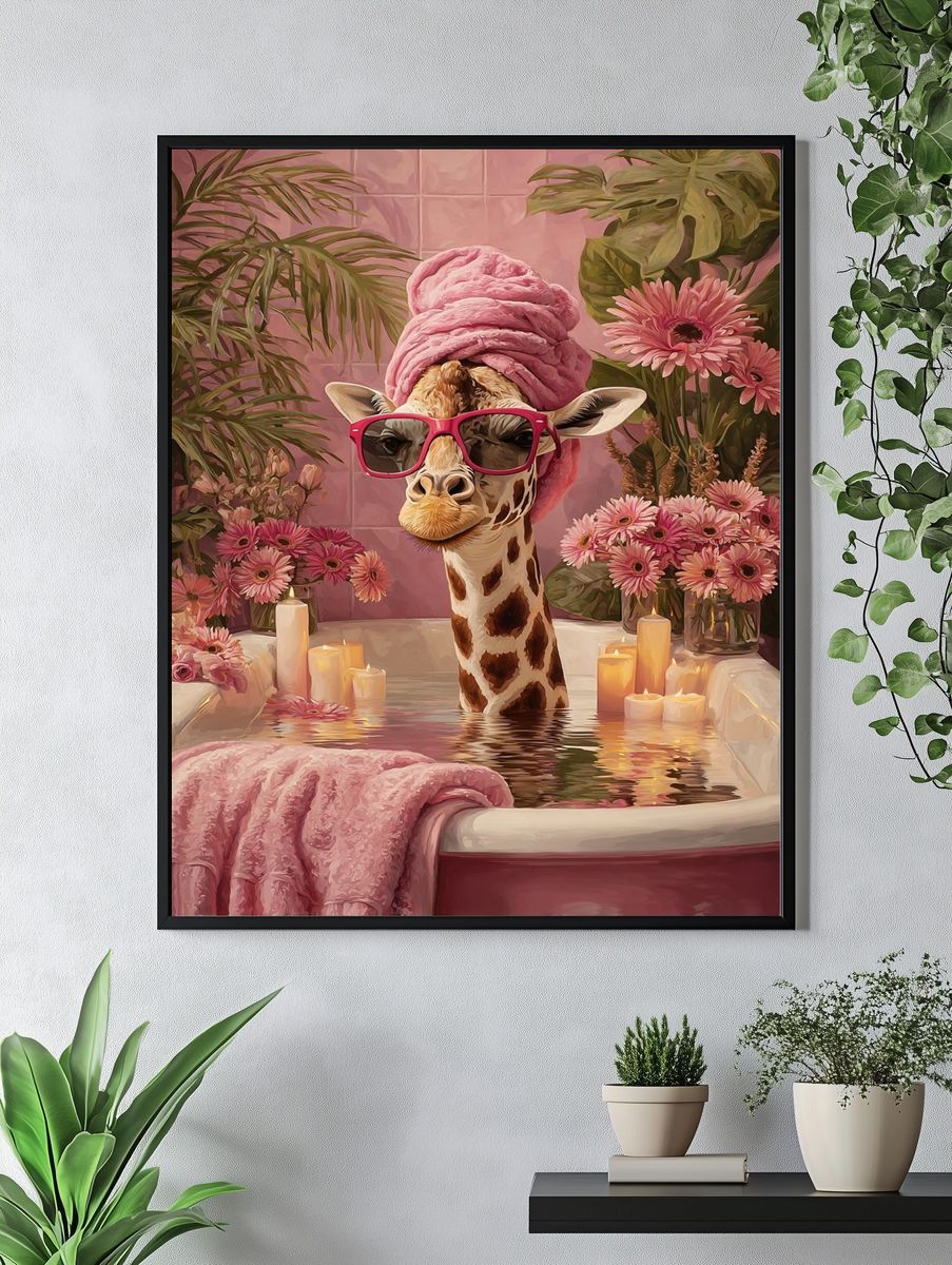 Pink Giraffe Bath Illustration Poster. — room view 4