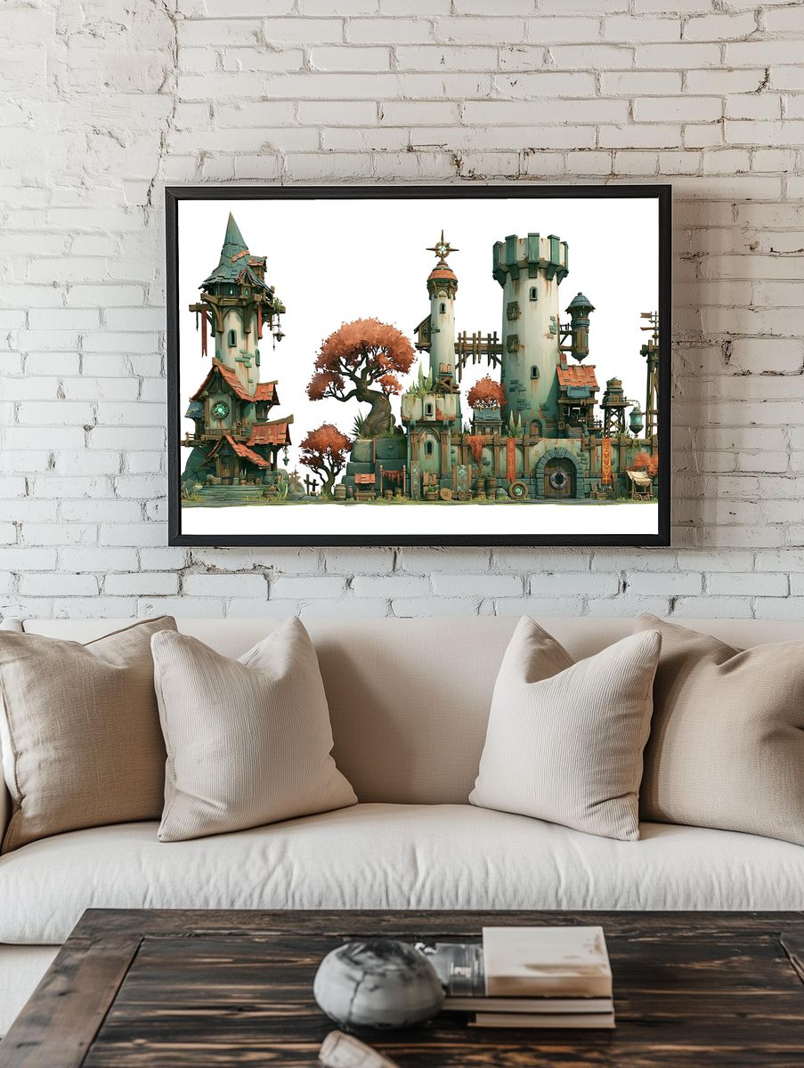 Fantasy Tower Village Illustration Poster. — room view 1