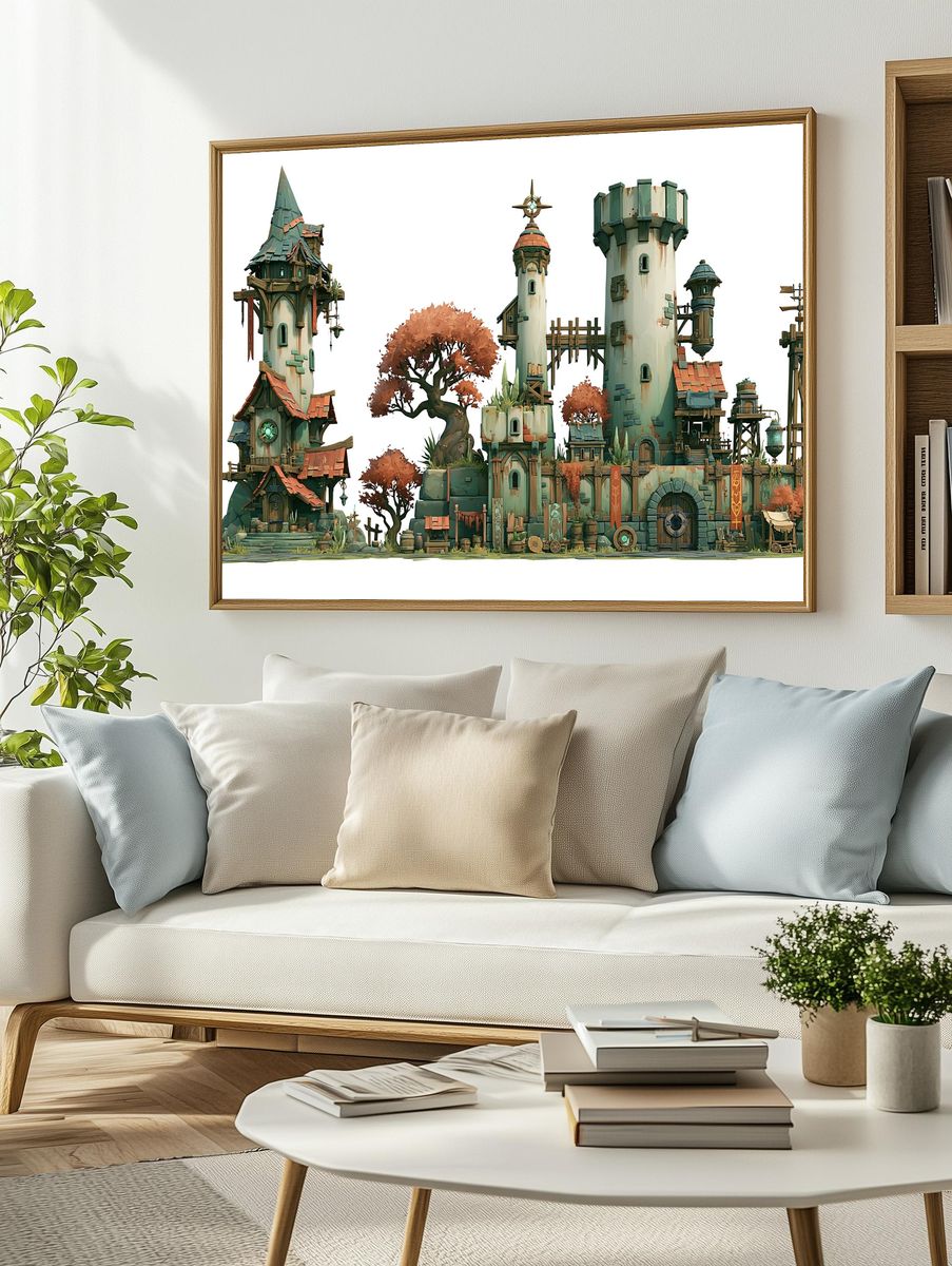 Fantasy Tower Village Illustration Poster. — room view 2