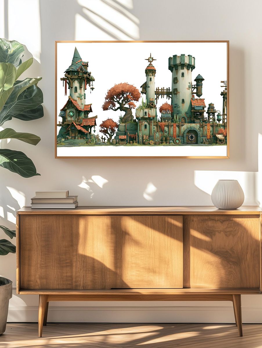 Fantasy Tower Village Illustration Poster. — room view 3
