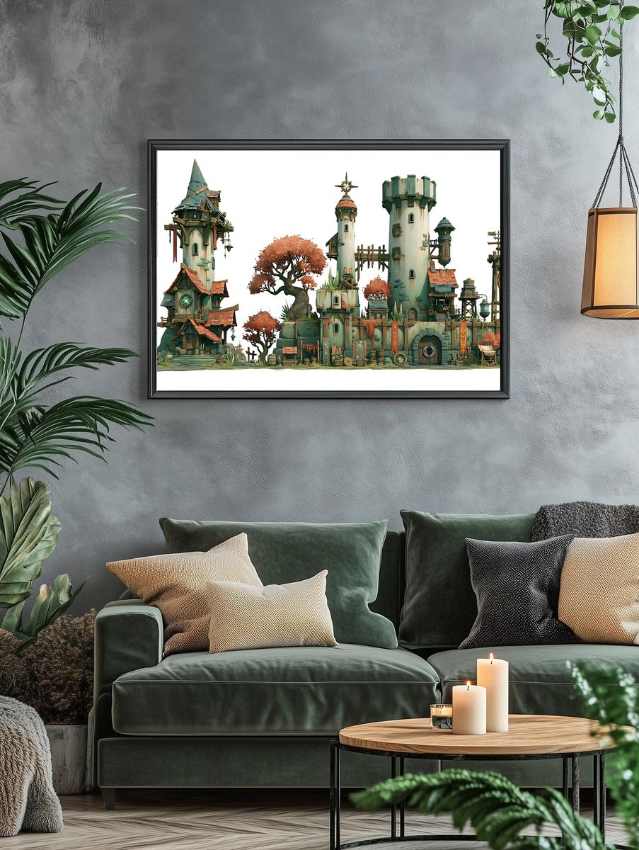 Fantasy Tower Village Illustration Poster. — room view 4