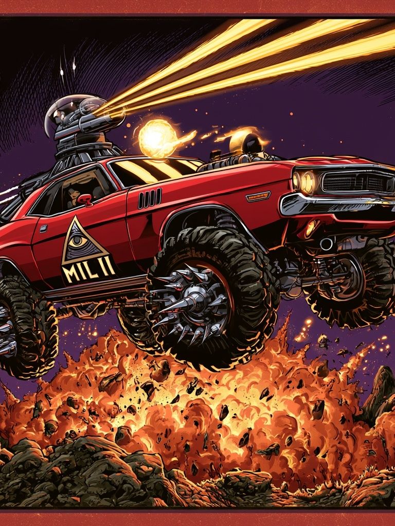 Dystopian Muscle Car Action Poster. poster — illustration art