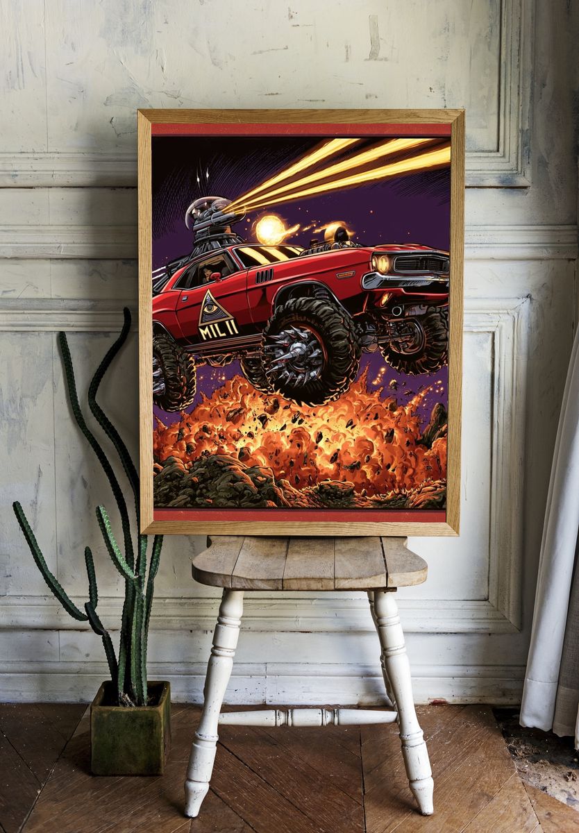 Dystopian Muscle Car Action Poster. room preview