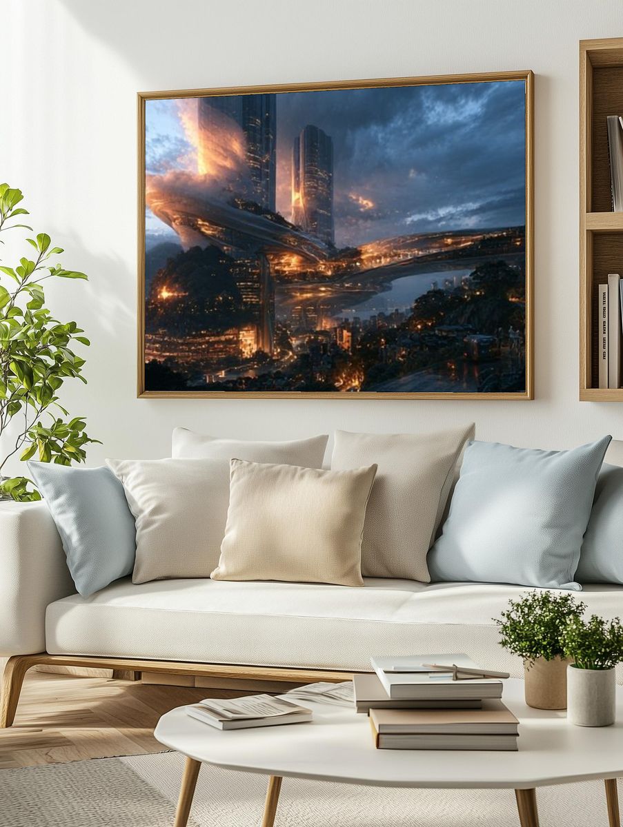 Futuristic Cityscape Digital Art Poster. — room view 2