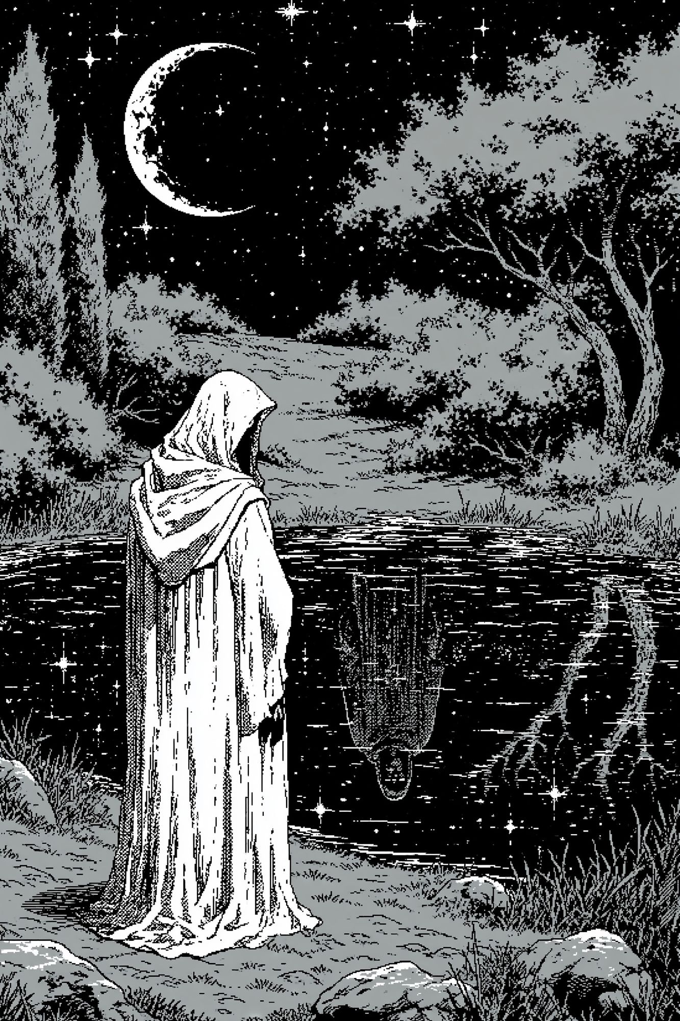 Moonlit Hooded Figure Illustration Poster. poster detail