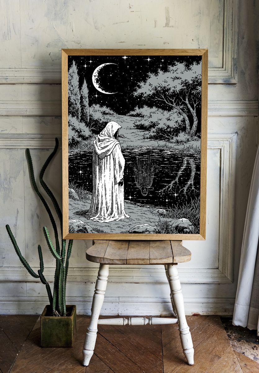 Moonlit Hooded Figure Illustration Poster. room preview