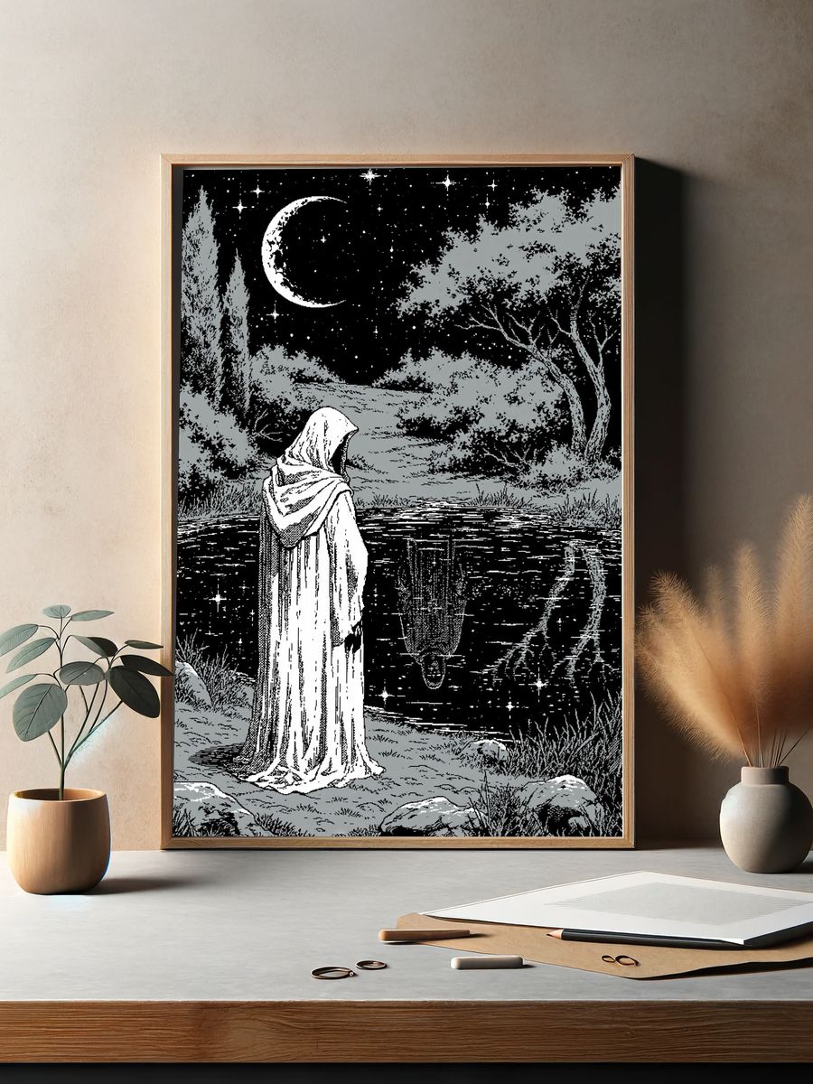 Moonlit Hooded Figure Illustration Poster. — room view 2