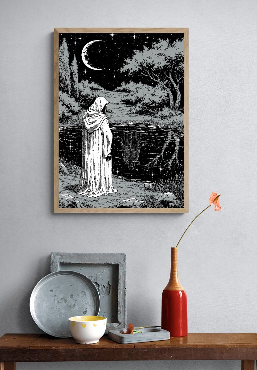Moonlit Hooded Figure Illustration Poster. — room view 3