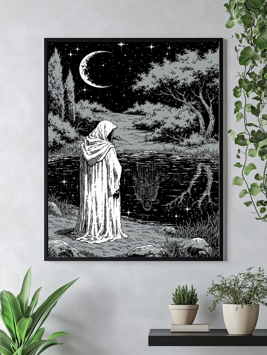 Moonlit Hooded Figure Illustration Poster. — room view 4