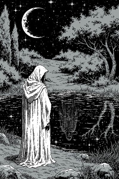 Moonlit Hooded Figure Illustration Poster.