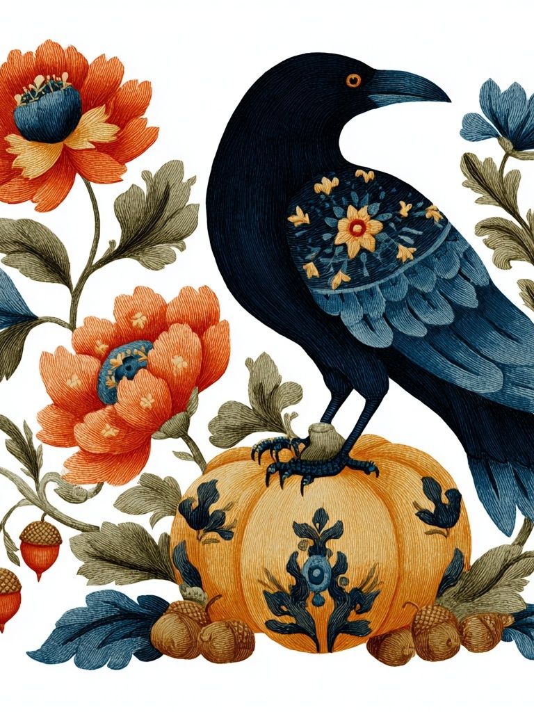 Blue Crow Floral Folk Print. poster — illustration art