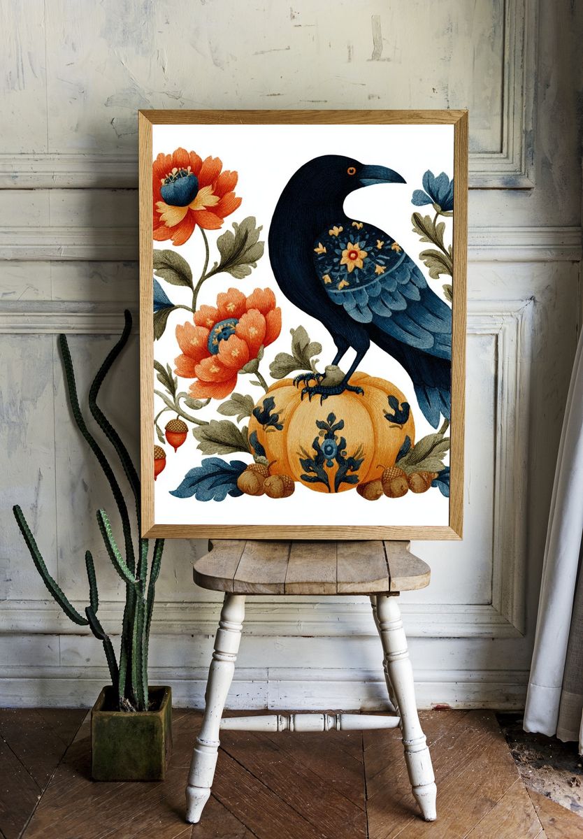 Blue Crow Floral Folk Print. — room view 1
