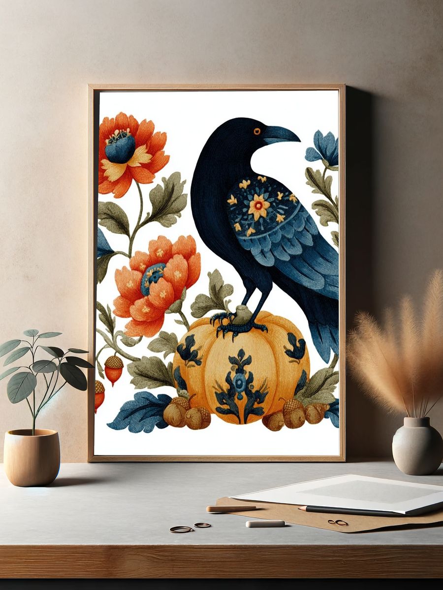 Blue Crow Floral Folk Print. — room view 2