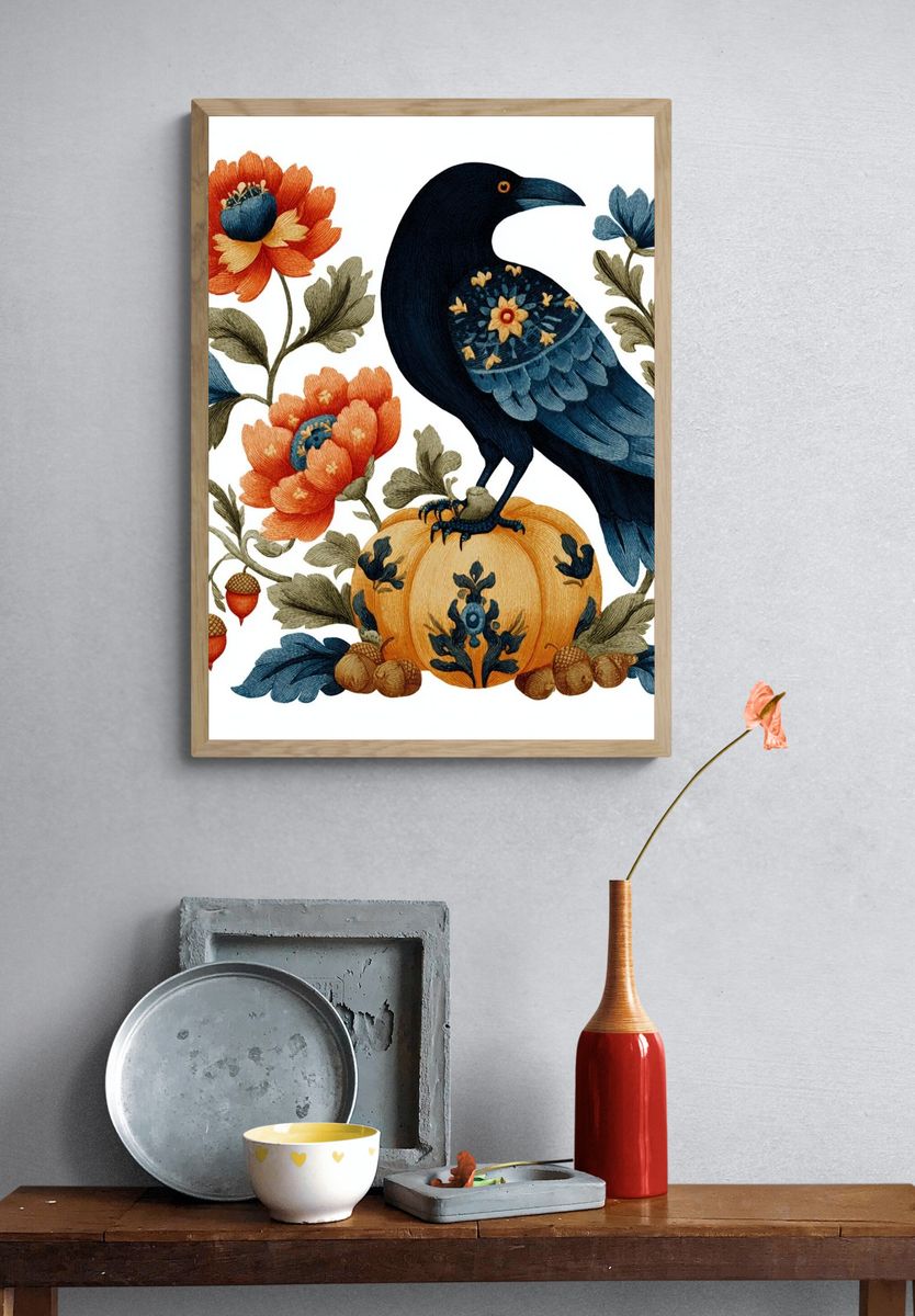 Blue Crow Floral Folk Print. — room view 3
