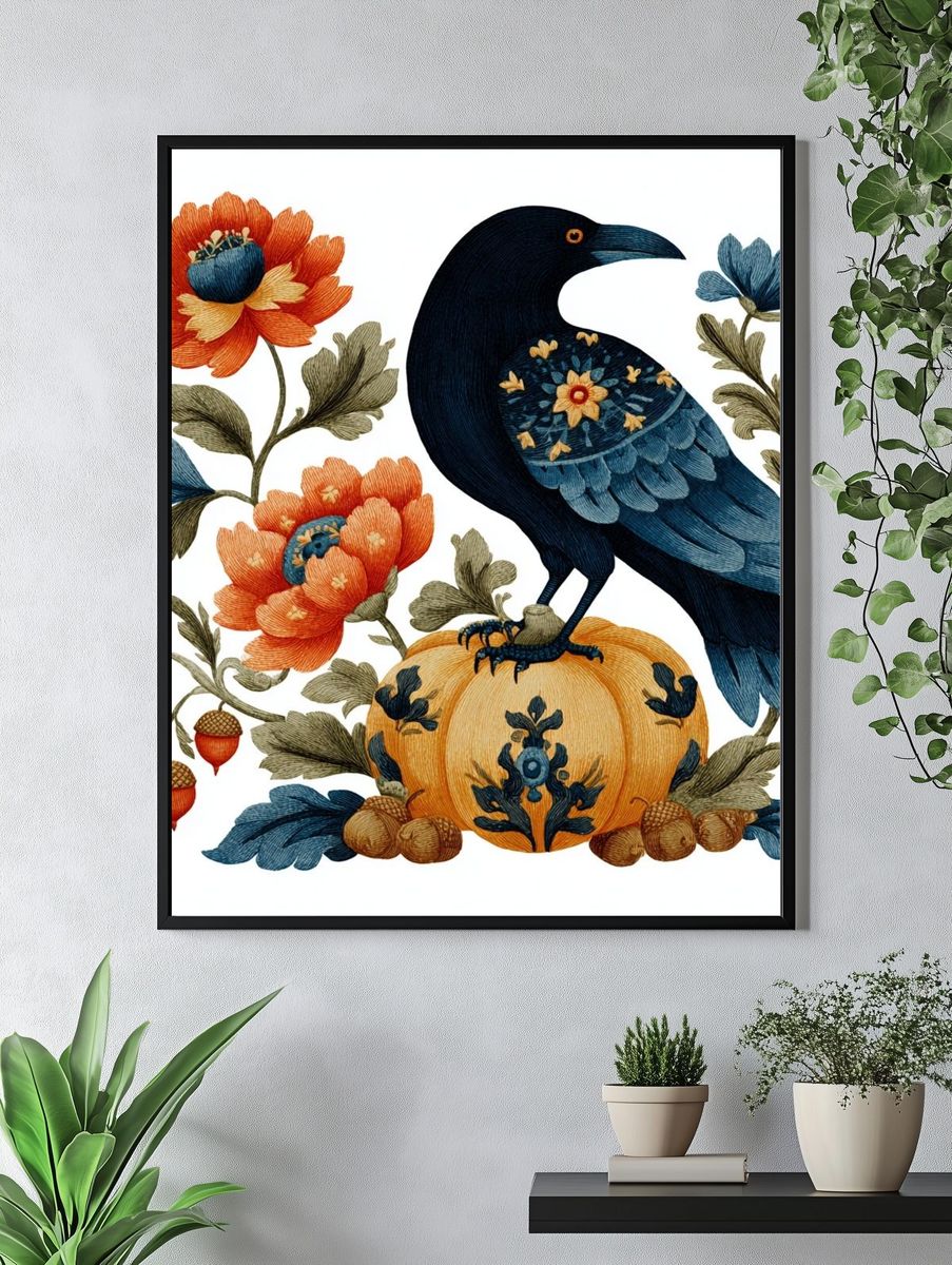 Blue Crow Floral Folk Print. — room view 4