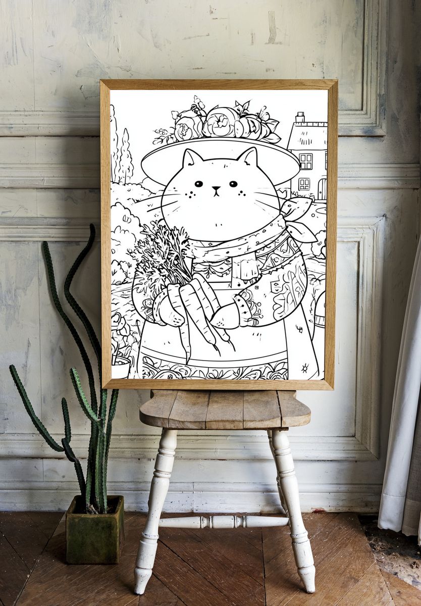 Garden Cat Line-Art Poster. — room view 1