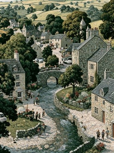 Cotswold Village Landscape Print. poster — illustration art